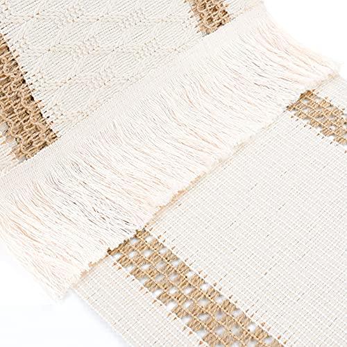 Macrame Table Runner, Cream Beige Boho Table Runner with Tassels, Hand Woven Cotton and Burlap Splicing Table Runner - Lasercutwraps Shop