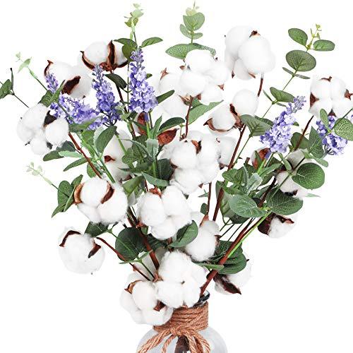 6pcs Cotton Stems, Artificial Cotton Flower Branches with Eucalyptus Lavender in Bulk, Faux Cotton Plants Decor Dried Cotton Floral Arrangements for Vases Farmhouse Flowers Decoration - Lasercutwraps Shop