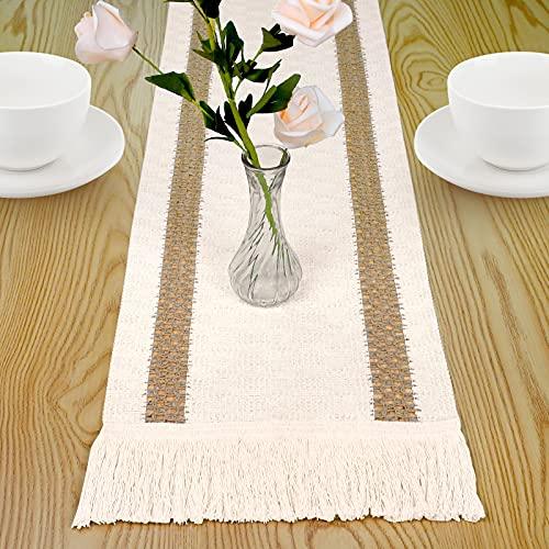 Macrame Table Runner, Cream Beige Boho Table Runner with Tassels, Hand Woven Cotton and Burlap Splicing Table Runner - Lasercutwraps Shop