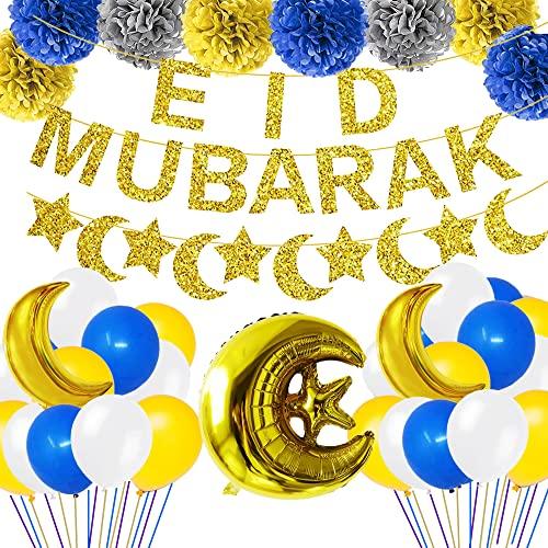 Eid Mubarak Decorations Banner Balloons Party Supplies - Muslim Ramadan Mubarak Kareem Festival Party Decoration Glitter Moon Star Garland - Lasercutwraps Shop
