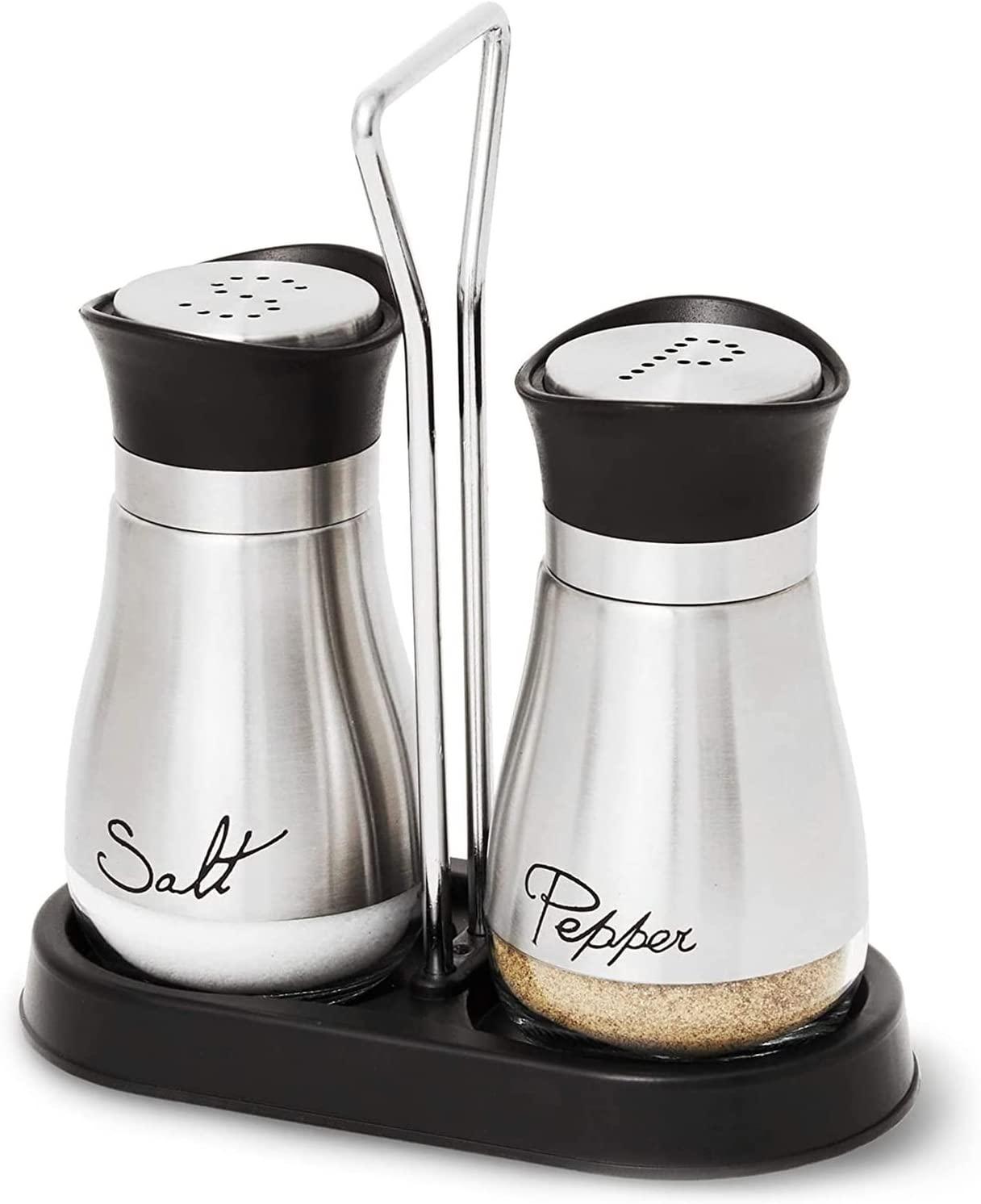 Salt and Pepper Shakers Set with Holder, Unique Stainless Steel and Glass Dispensers for Kitchen Accessories (4oz) - Lasercutwraps Shop