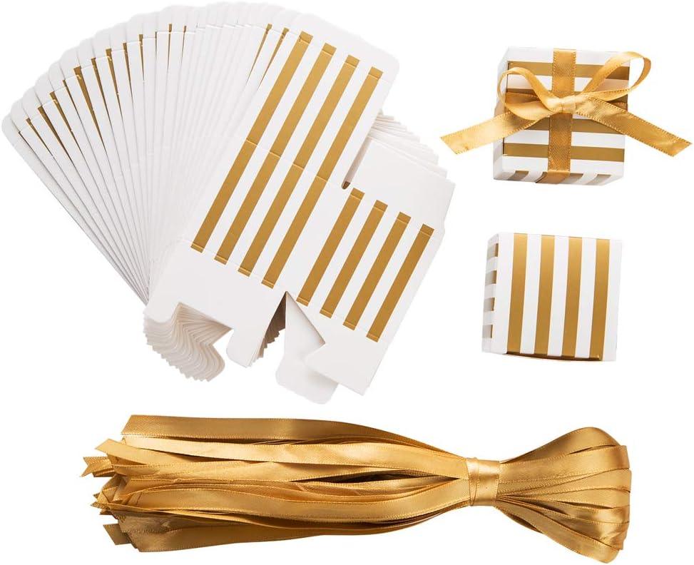 Small Candy Box Bulk 2x2x2 inch with Ribbon, Gold White Strips Box Party Favors Pack of 50 - Lasercutwraps Shop