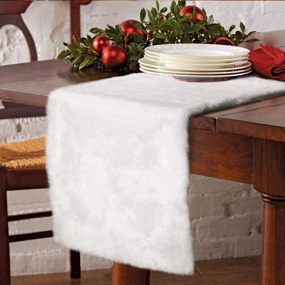 Faux Fur Christmas Table Runner, Winter Snowy White Table Runner for White Christmas Holiday Table Decoration 72 x 15 Inch - Lasercutwraps Shop