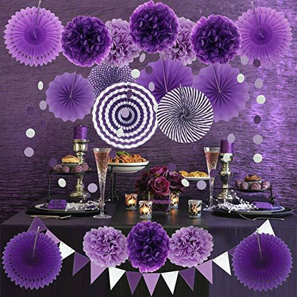 21Pcs Purple and Lavender Hanging Paper Fans, Pom Poms Flowers for Wedding and Birthday - Lasercutwraps Shop