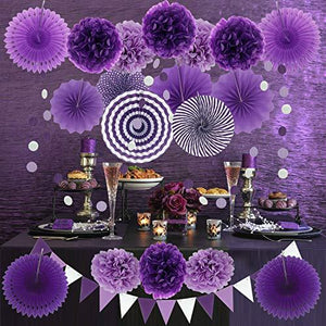 21Pcs Purple and Lavender Hanging Paper Fans, Pom Poms Flowers for Wedding and Birthday - Lasercutwraps Shop
