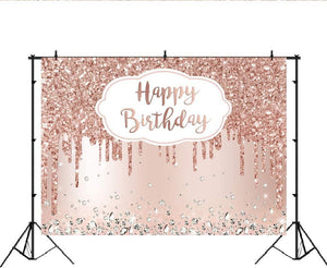 Pink Rose Golden Birthday Party Backdrop Glitter Diamonds Happy Birthday Background - Lasercutwraps Shop