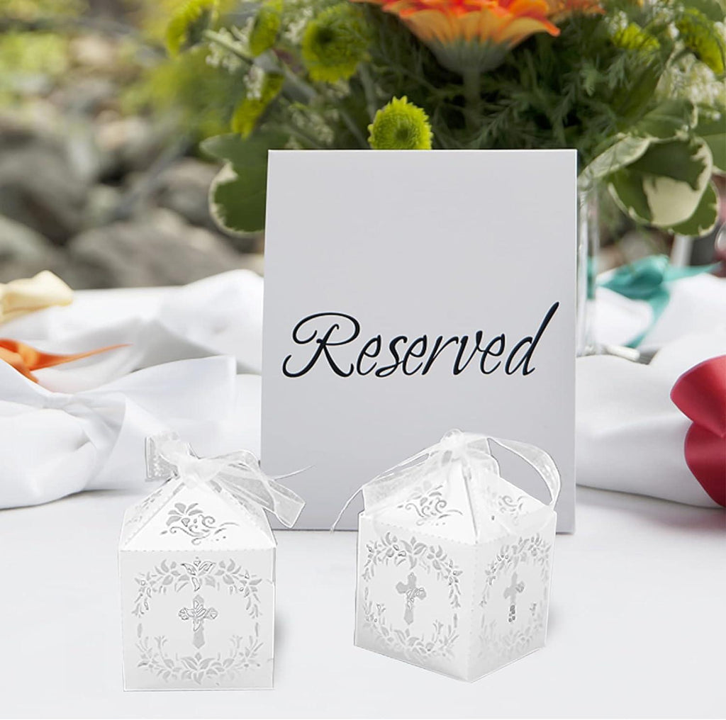 50 Pieces Baptism Favor Boxes, 2 x 2 x 3 Inches Laser Cut Favor Boxes with 50 Ribbons and 50 Cross Tags for Christian Baby Shower Wedding - Lasercutwraps Shop