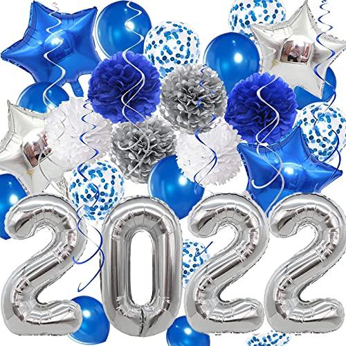 2022 Graduation Decorations Silver and Blue - 40 Inch Silver 2022 balloons, Blue Silver Paper Pompoms Blue Confetti Balloons and Star Balloons for Graduation Party Class of 2022 Party Decorations - Lasercutwraps Shop