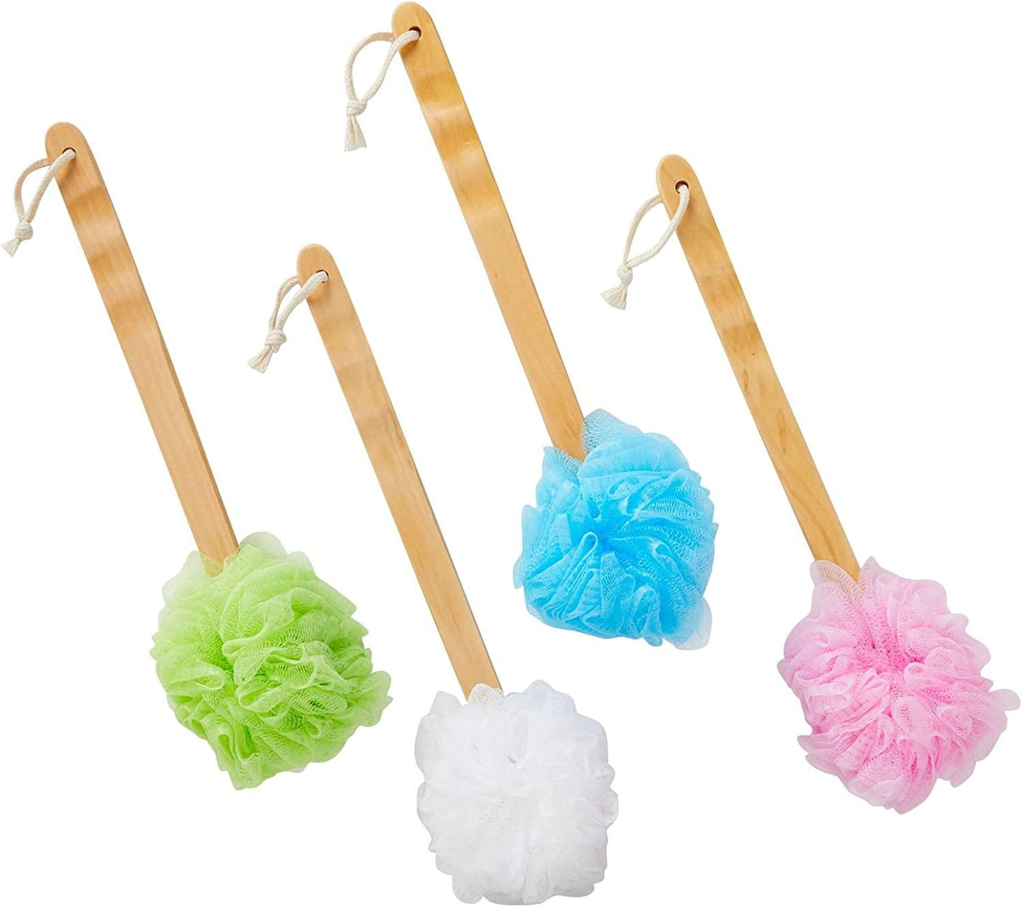 4 Pack Long Handled Loofah for Shower, Exfoliating Body Brush on a Stick, Back Scrubber in 4 Colors (16 in) - Lasercutwraps Shop