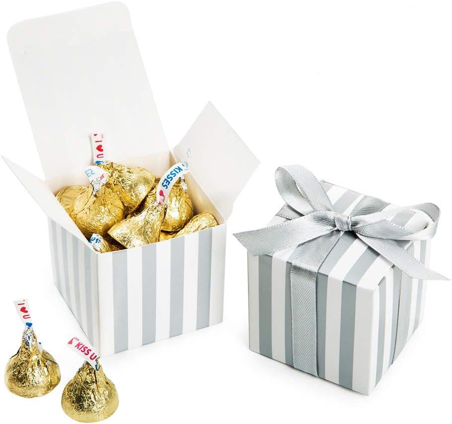 Small Candy Box Bulk 2x2x2 inch with Ribbon, Gold White Strips Box Party Favors Pack of 50 - Lasercutwraps Shop