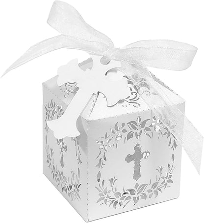 50 Pieces Baptism Favor Boxes, 2 x 2 x 3 Inches Laser Cut Favor Boxes with 50 Ribbons and 50 Cross Tags for Christian Baby Shower Wedding - Lasercutwraps Shop