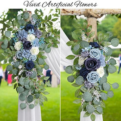 Dusty Blue Artificial Wedding Arch Flowers Kit(Pack of 3), with 26Ft Shiny White Wedding Arch Draping Fabric - Lasercutwraps Shop