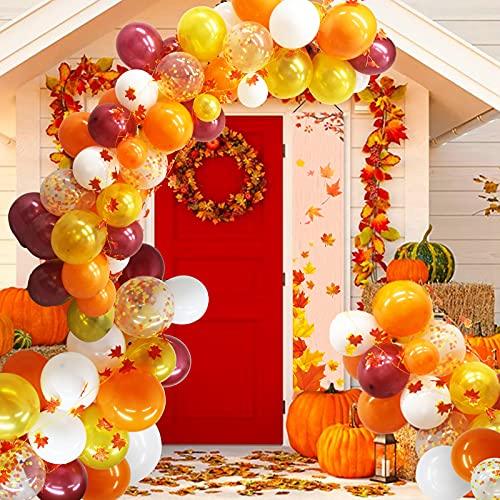112PCS Fall Balloons Garland Arch Kit - Orange Gold Burgundy White Confetti Balloons with Artificial Maple Leaves Garland for Thanksgiving - Lasercutwraps Shop