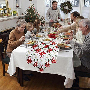 Christmas Embroidered Table Runner, Luxury Holly Poinsettia Table Runner for Christmas Decorations - Lasercutwraps Shop