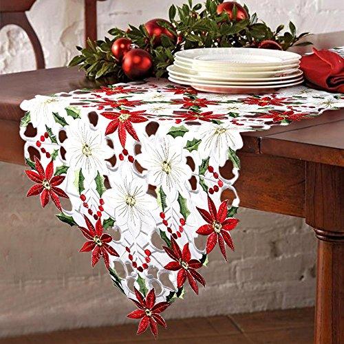 Christmas Embroidered Table Runner, Luxury Holly Poinsettia Table Runner for Christmas Decorations - Lasercutwraps Shop