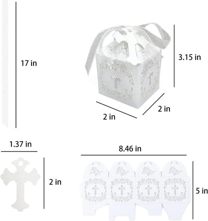 50 Pieces Baptism Favor Boxes, 2 x 2 x 3 Inches Laser Cut Favor Boxes with 50 Ribbons and 50 Cross Tags for Christian Baby Shower Wedding - Lasercutwraps Shop
