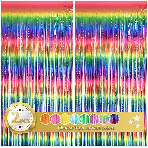 2 Pack Dark Rainbow Foil Fringe Curtain, Assort Color Tinsel Metallic Curtains Photo Backdrop for Birthday Party Wedding Engagement Bridal Shower - Lasercutwraps Shop
