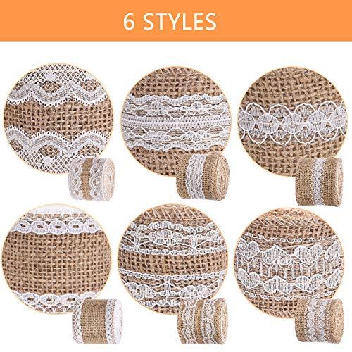 6 Rolls 2 Inch Width Natural Jute Burlap Ribbon with White Lace for Wedding Decoration - Lasercutwraps Shop