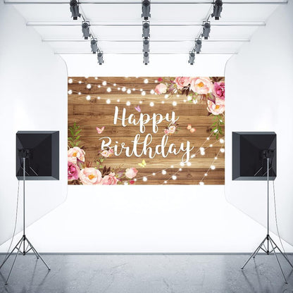 Pink Floral Happy Birthday Backdrop Butterfly Wooden Floor Watercolor Flowers Girls Women Photography Background Banner - Lasercutwraps Shop
