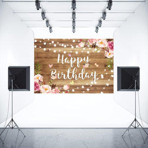 Pink Floral Happy Birthday Backdrop Butterfly Wooden Floor Watercolor Flowers Girls Women Photography Background Banner - Lasercutwraps Shop