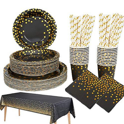 Black and Gold Party Supplies Golden Dot Disposable Tableware Serves 20 Guests - Lasercutwraps Shop