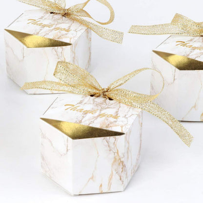 50pcs Marble Wedding Party Favor Boxes, Gold Candy Boxes Bags Hexagonal Chocolate Treat Gift Boxes with Ribbons - Lasercutwraps Shop