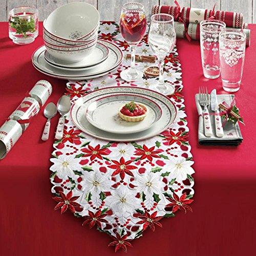 Christmas Embroidered Table Runner, Luxury Holly Poinsettia Table Runner for Christmas Decorations - Lasercutwraps Shop