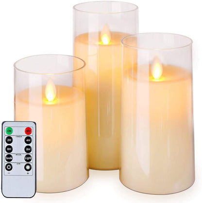 Flickering Flameless Candles, Battery Operated Acrylic LED Pillar Candles with Remote Control and Timer, Ivory White, Set of 3 - Lasercutwraps Shop