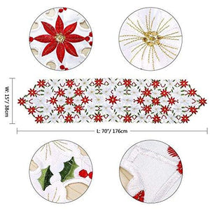 Christmas Embroidered Table Runner, Luxury Holly Poinsettia Table Runner for Christmas Decorations - Lasercutwraps Shop