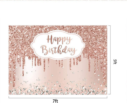 Pink Rose Golden Birthday Party Backdrop Glitter Diamonds Happy Birthday Background - Lasercutwraps Shop