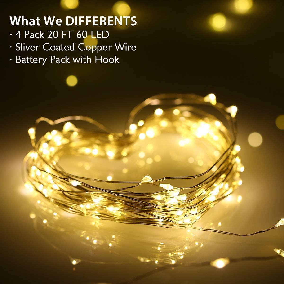 4 Pack 20 Ft 60 LED Fairy Lights Battery Operated Christmas Lights with Remote Waterproof 8 Modes Firefly Twinkle String Lights - Lasercutwraps Shop
