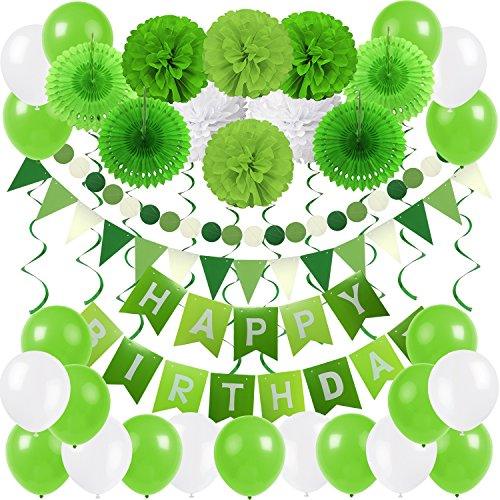 Happy Birthday Banner Bunting with 4 Paper Fans Tissue 6 Paper Pom Poms Flowers - Lasercutwraps Shop