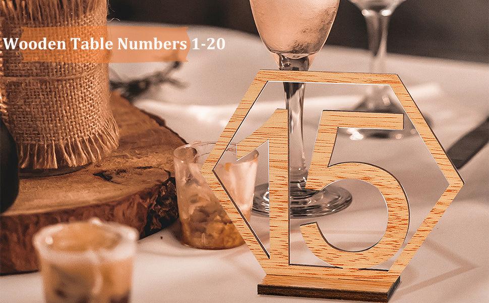Hexagon Wooden Table Numbers, 1-20 Wedding Table Numbers with Holder Base for Wedding Decoration - Lasercutwraps Shop