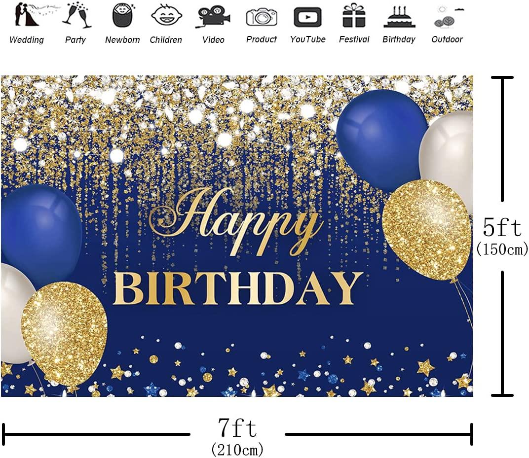 Blue and Gold Happy Birthday Backdrop Glitter Golden Dots Diamonds Balloons - Lasercutwraps Shop