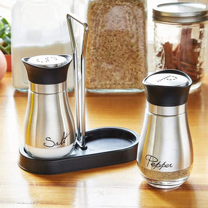 Salt and Pepper Shakers Set with Holder, Unique Stainless Steel and Glass Dispensers for Kitchen Accessories (4oz) - Lasercutwraps Shop