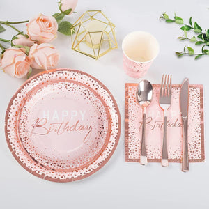 175PCS Happy Birthday Plates and Napkins Party Supplies, Paper Pink and Rose Gold Plates and Napkins with Rose Gold Plastic Forks Knives - Lasercutwraps Shop