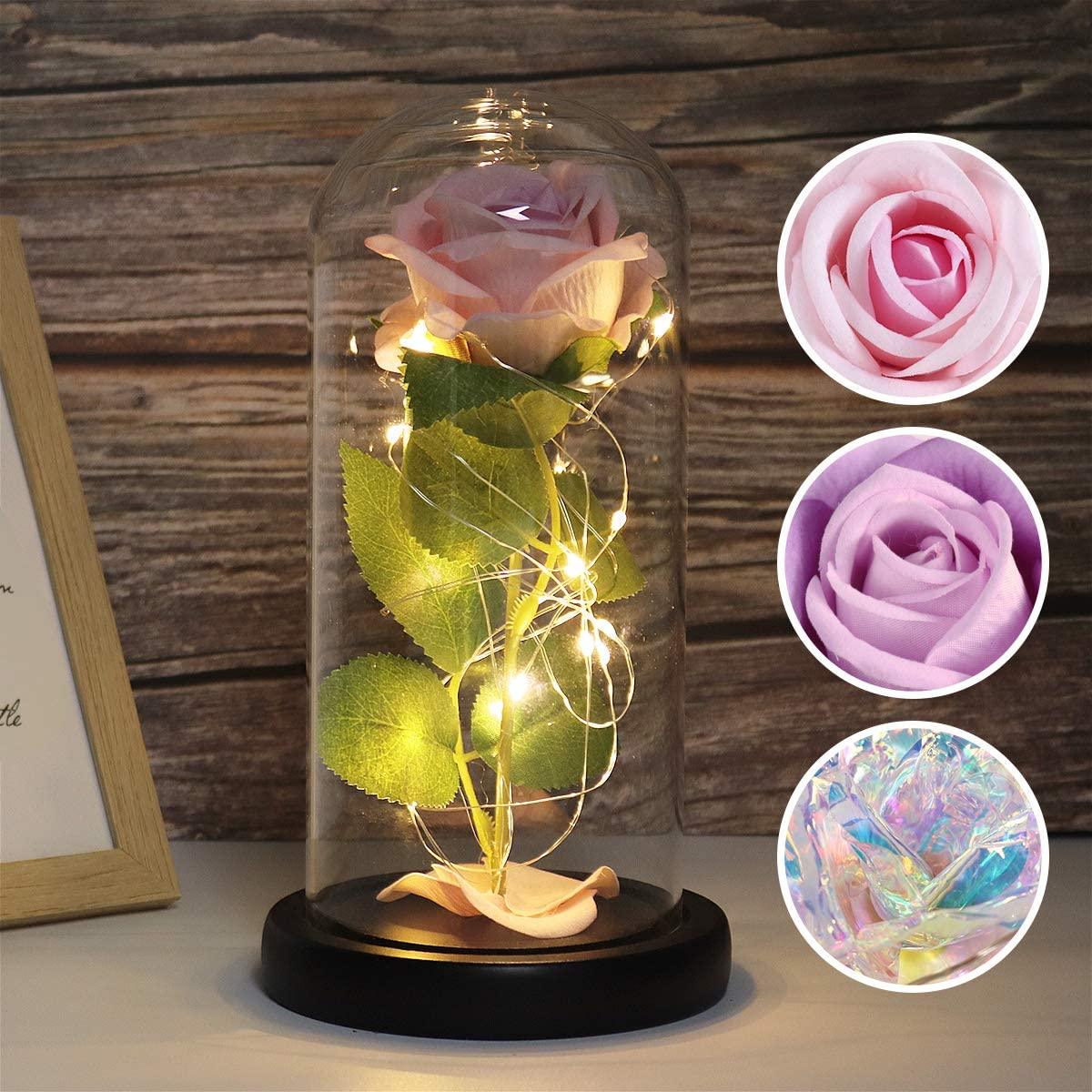 Christmas Rose Gift for her,Women's Gift Birthday Gifts Colorful Artificial Flower Rose Gift Led Light String on Colorful Flower, Last Forever in A Glass Dome, Unique Gift for Her,Thanksgiving Gift - Lasercutwraps Shop