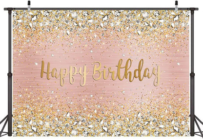 Happy Birthday Backdrop Diamonds Shining Bokeh Pink and Gold Dot Glitter Sparkle Photography Background - Lasercutwraps Shop