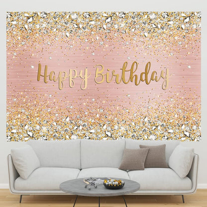 Happy Birthday Backdrop Diamonds Shining Bokeh Pink and Gold Dot Glitter Sparkle Photography Background - Lasercutwraps Shop