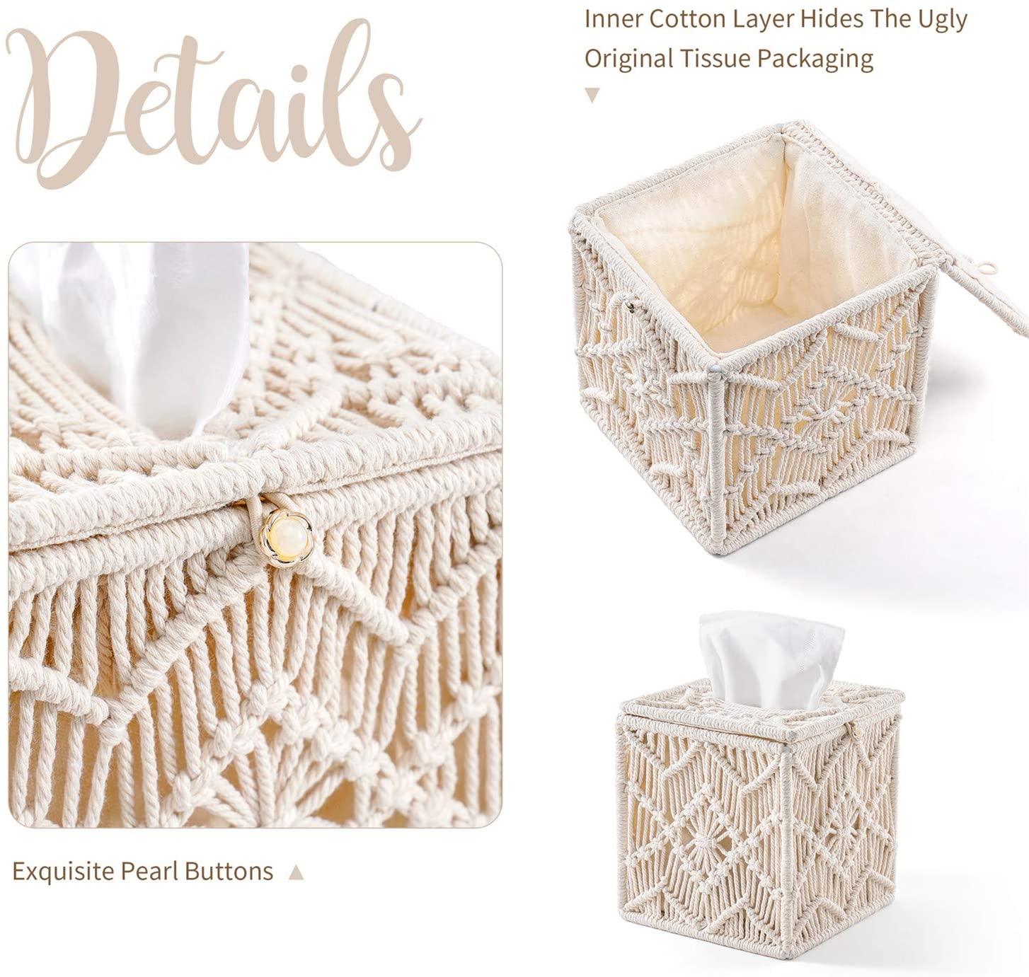 Tissue Box Cover Boho Decor Square Paper Tissue Holder with Bead Buckl ...