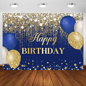 Blue and Gold Happy Birthday Backdrop Glitter Golden Dots Diamonds Balloons - Lasercutwraps Shop
