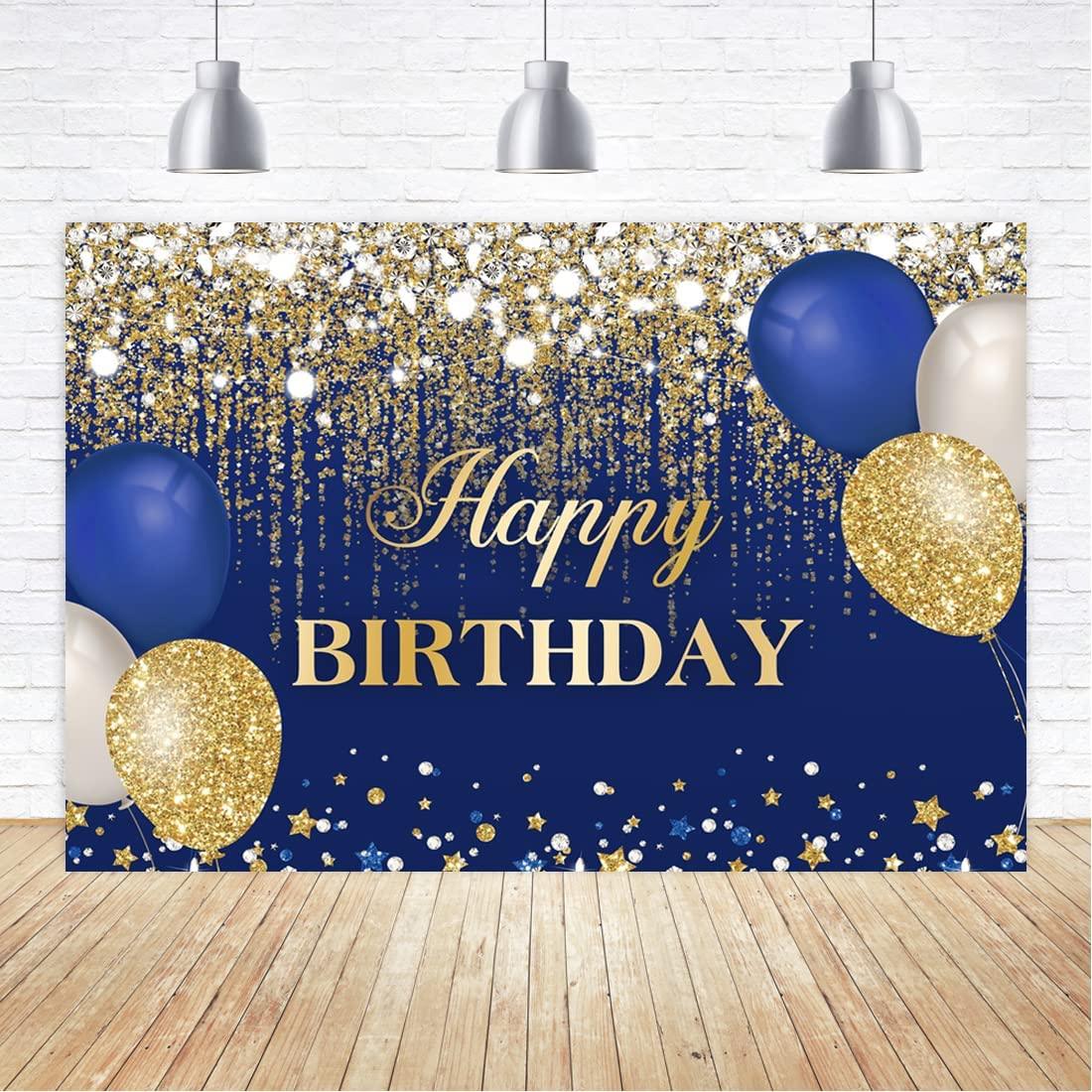 Blue and Gold Happy Birthday Backdrop Glitter Golden Dots Diamonds Balloons - Lasercutwraps Shop