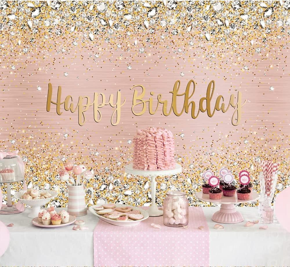 Happy Birthday Backdrop Diamonds Shining Bokeh Pink and Gold Dot Glitter Sparkle Photography Background - Lasercutwraps Shop