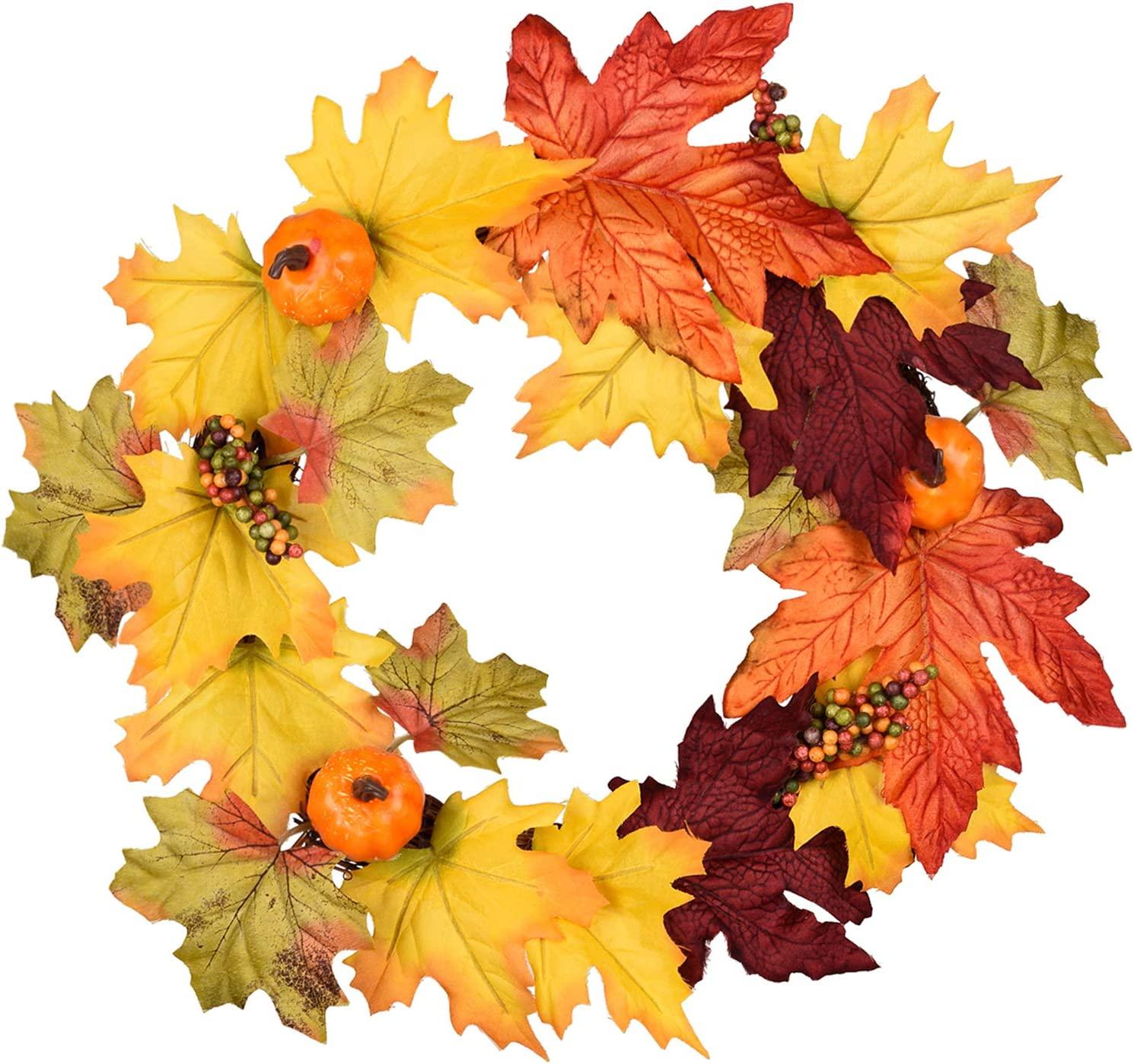 13 Inch Artificial Autumn Fall Wreath, Harvest Thanksgiving Door Wreath for Front Door with Pumpkins, Berry and Maple Leaf - Lasercutwraps Shop