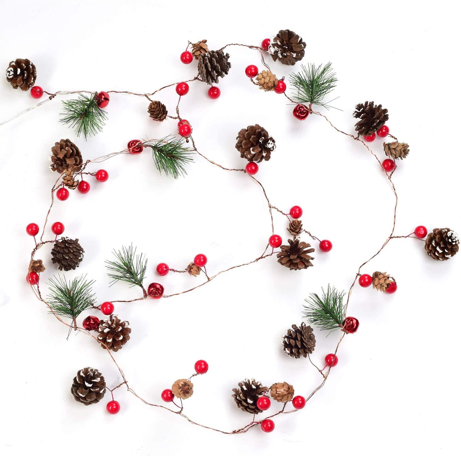 6.7FT Christmas Garland with Lights, 20 LED Red Berry Pine Cone Garland Lights Battery Operated - Lasercutwraps Shop
