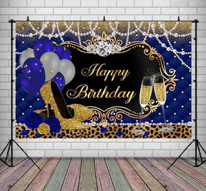 Gold and Royal Blue Birthday Backdrop for Women Happy Birthday Party Background - Lasercutwraps Shop