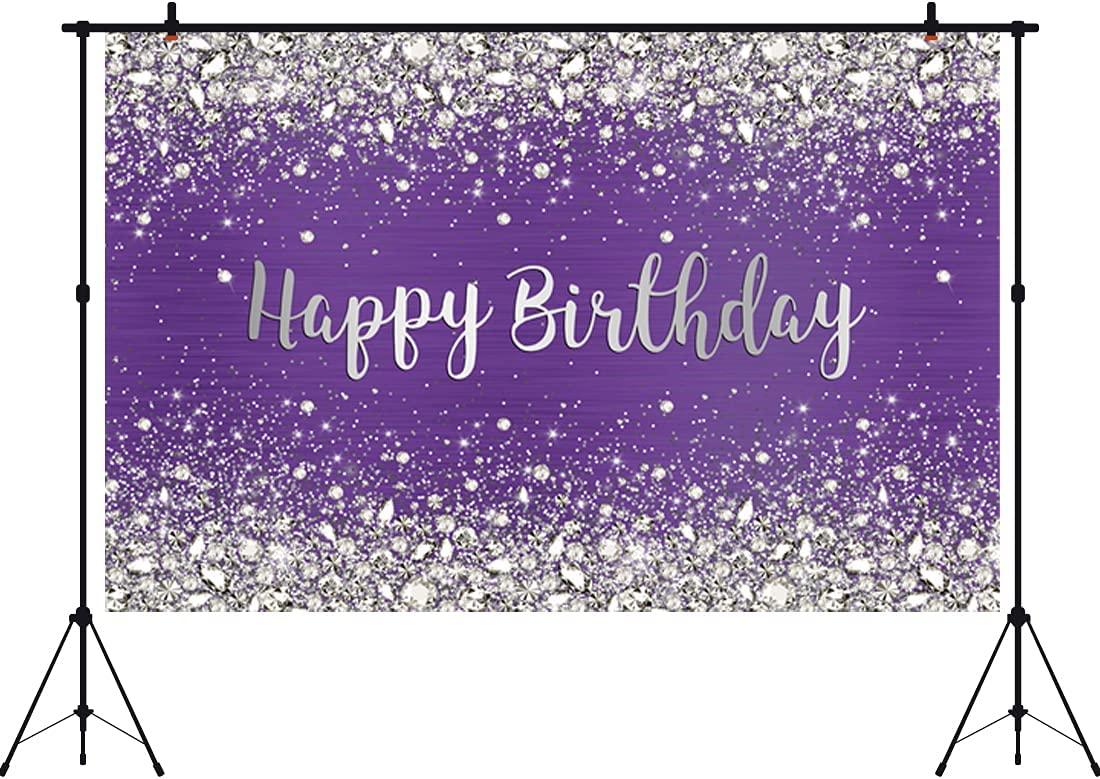 Glitter Purple Diamonds Happy Birthday Backdrop Shinning Silver Bokeh Dots Women Girls Photography Background Sweet 16 Party Decorations - Lasercutwraps Shop