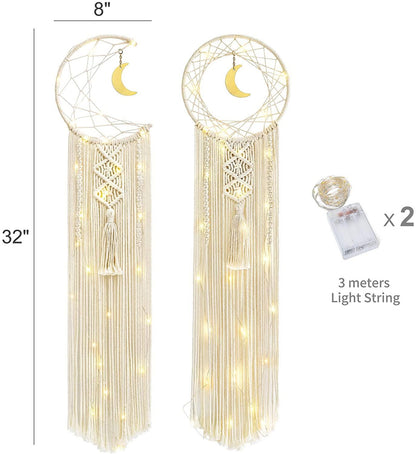 2 Pack Macrame Dream Catcher with String Lights Boho Wall Hanging Decor 8''W x 32''L - Lasercutwraps Shop