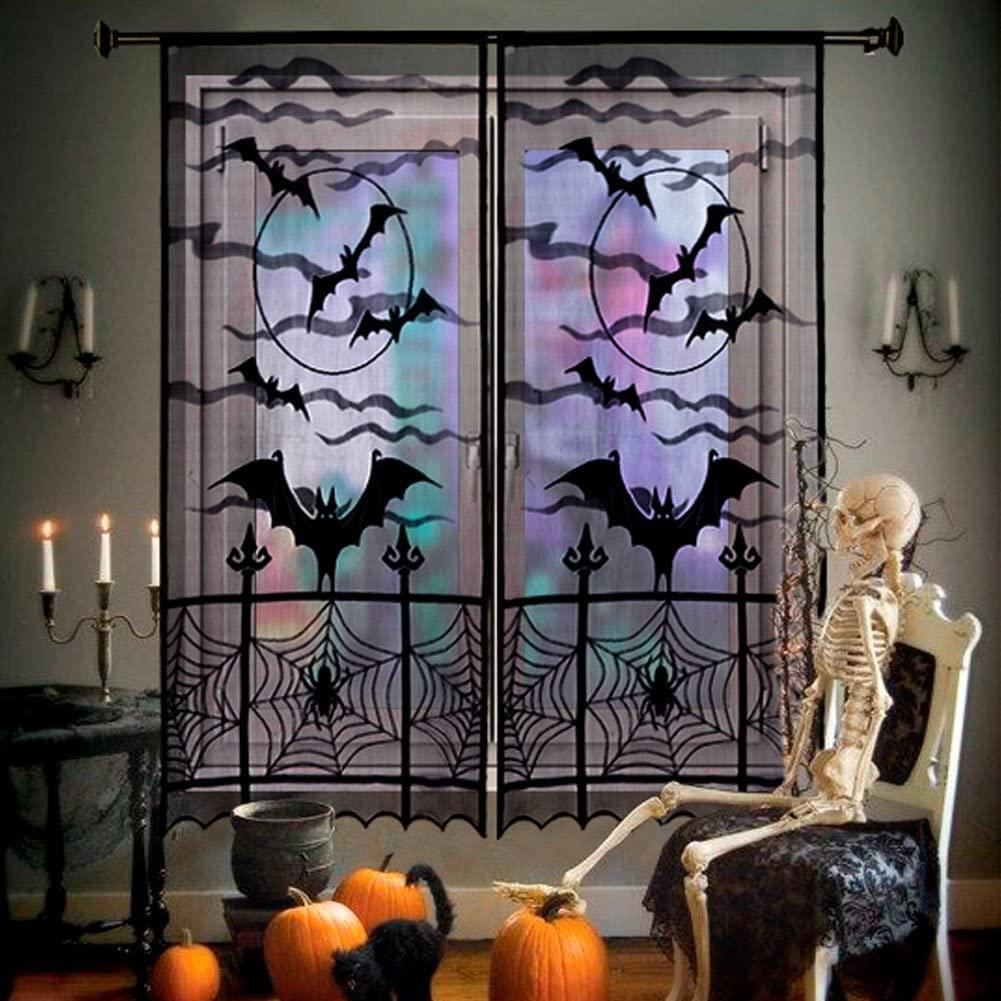 2pcs Black Lace Halloween Window Curtains, Spider Web Bats Door Curtain Panel Decor for Spooky Halloween Holiday Party Decoration, 40 x 84 Inch - Lasercutwraps Shop