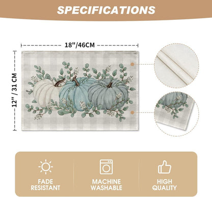 Pumpkins Eucalyptus Leaves Placemats Set of 4, 12x18 Inch Fall Autumn Thanksgiving Harvest Table Mat - Lasercutwraps Shop